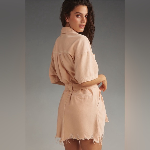 ✨ Anthropologie Short-Sleeve Deconstructed Denim Mini Dress Sz L - Picture 2 of 9